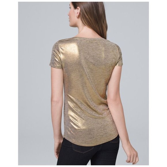 WHITE HOUSE BLACK MARKET Gold Metallic Jersey V-Neck Tee sz S NEW Women's Casual - Picture 3 of 11